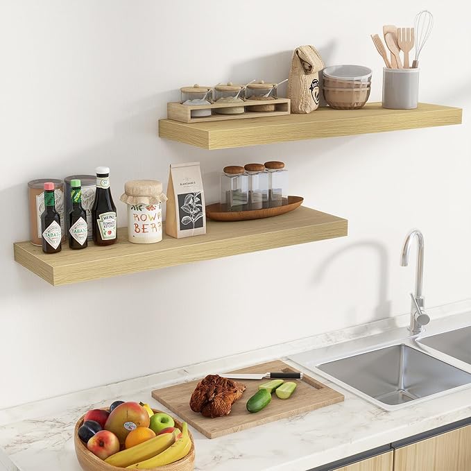 Fun Memories Floating Shelves for Wall 36 Inches, Wood Shelves with Invisible Bracket, 10" Deep Shelves Wall Mounted, Large Wood Floating Shelves for Living Room Bathroom, Oak, Set of 2-Ruum Studio Home