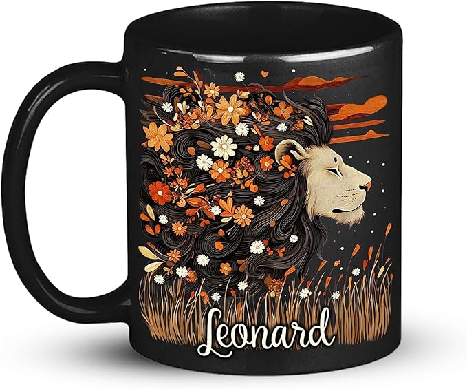 Personalized Lion Lover Cup with Vibrant Floral, Custom Name Coffee Mug 11oz or 15oz, Custom Nature Inspired Ceramic Cup, Artistic Lion Black Coffee Mug, Gifts for Women, Men-Ruum Studio Home