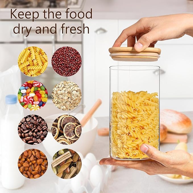 Square Glass Jars Canister with Wood Lid 50 FL OZ [Set of 3], Container Jar with Sealing, Lids for Oat Pasta Flour Cereal Rice Sugar Tea Coffee Beans, Best for Kitchen & Pantry-Ruum Studio Home