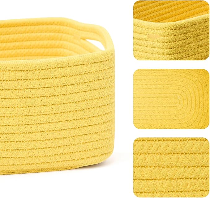 Small Storage Baskets for Organizing | Closet Organizer Bins | Shelf Toy Basket | Woven Rope Baskets | Cube Decorative Box | Shallow Basket | 13x8.5x5.1” | 3 Packs Yellow-Ruum Studio Home