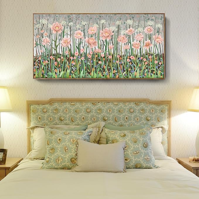 amatop Framed Oversized Floral Canvas Wall Art Canvas Print Modern Botanical Flower Field Rustic Wall Decor Abstract Nature Blooming Wildflower Pale Pink Green Artwork for Living Room Bedroom Office 58x29 in-Ruum Studio Home