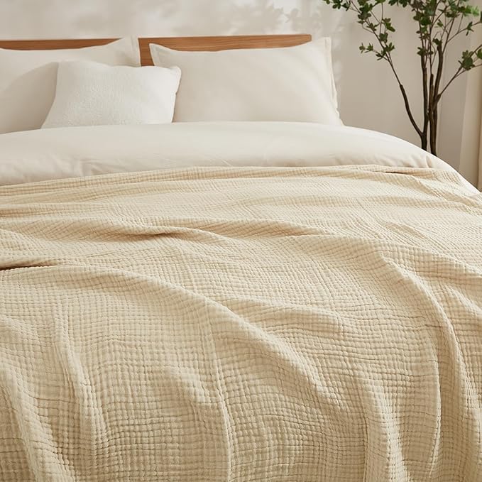 EMME Cotton Throw Blanket Large 50"x70" Gifts for Women 100% Muslin for Couch Breathable Gauze All Season Soft and Lightweight Pre-Washed (Light Tan)-Ruum Studio Home