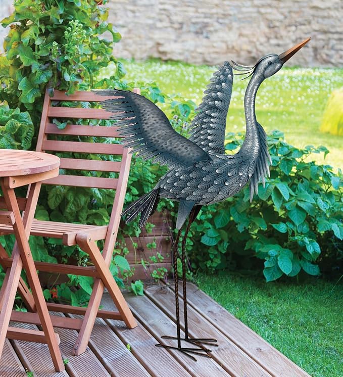 Regal Art & Gift Outdoor Garden Décor, Unique Bird Sculpture, Rustic Metal Bird Statues, Garden Ornaments, Bird Figurine for Lawn, Decorative Sculpture, Heron, Blue, Wings Up, 47"height-Ruum Studio Home