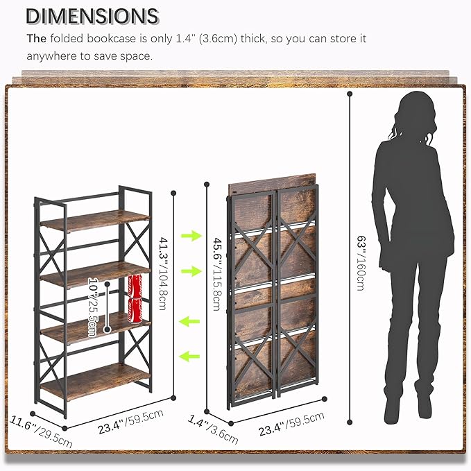 4NM 4 Tiers No Assembly Book Shelves, 41.3" H Folding Bookshelf Bookcase Open Industrial Foldable Shelves for Bedroom, Living Room, Home Office - Rustic Brown Black-Ruum Studio Home