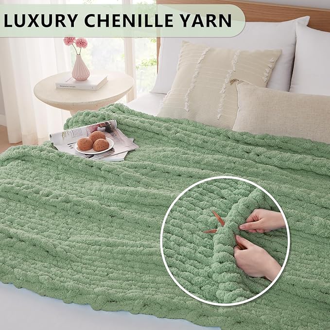 L'AGRATY Chunky Knit Blanket Throw - Soft Chunky Throw Blanket 50x60: 100% Hand Kintted Chenile Crochet Throw Blanket for Couch - Large Cable Knit Chunky Blanket for Home Decor(Sage Green)-Ruum Studio Home