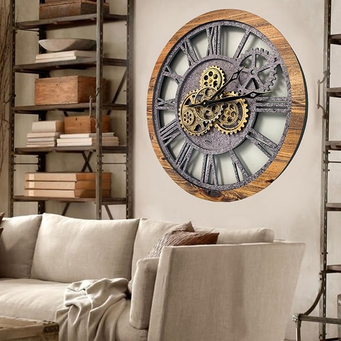The Gears Clock The Original Real Moving Gear Wall Clock Vintage Industrial Oversized Rustic Farmhouse (24 inch (60cm),Wood&Stone)-Ruum Studio Home