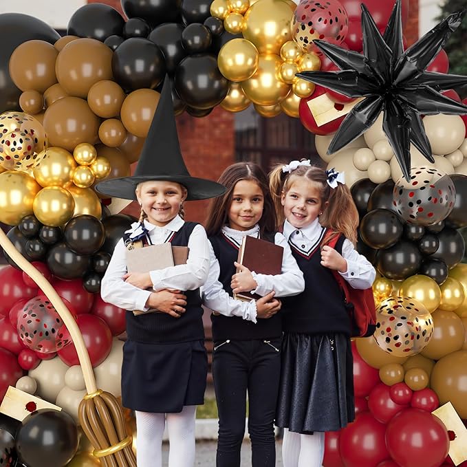 Amandir Magical School Balloons Arch Garland Kit, Maroon Burgundy Black Gold Confetti Balloons with Witch Hat Foil Star Balloon for Magic Themed Birthday Decorations Baby Shower Party Supplies-Ruum Studio Home