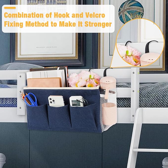 Bedside Caddy Bedside Organizer Bedside Storage Caddy with Fixed Straps and Water Bottle Holder for Home College Dorm Bunk Bed Hospital Bed Crib Bed Rails (2pcs Navy Blue)-Ruum Studio Home