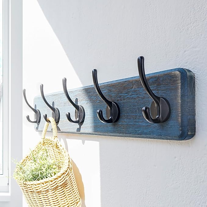 Dseap Coat Rack Wall: Patented, Heavy-Duty, 5-Double-Hooks Wooden Wall Mounted Coat Rack Coat Hanger Hook Rail for Winter Coats Hat Jacket Clothing, Weathered Blue-Ruum Studio Home
