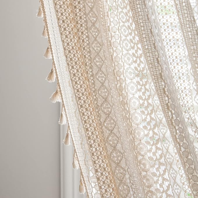 Sutuo Home Boho Curtain Crochet Lace Semi-Sheer Bohemian Hollow Knitted Handmade Tassels, Rod Pocket Window Treatment Vintage Rustic Farmhouse Drapes for Bedroom, 1 Panel 59" W x 96" L, Beige-Ruum Studio Home