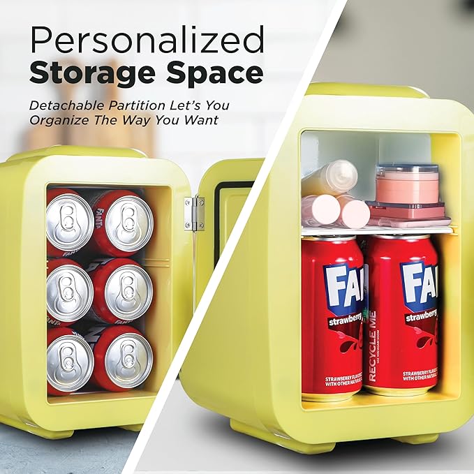 IBMF4SUN Fridge for Bedroom, Skincare, Portable Cooler & Warmer for Makeup, for Office & Home Refrigerator, Mini (4 L / 6-Can), Sun Yellow-Ruum Studio Home