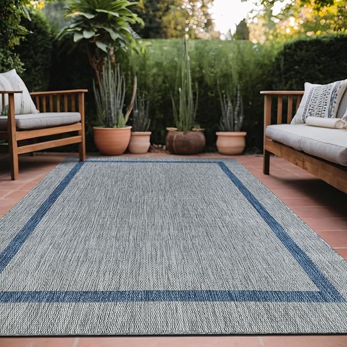 Bordered Outdoor Rug 8x10 Washable Outside Carpet for Indoor Patio Porch Waterproof Easy Cleaning Non Shedding Area Rugs Silver Gray - Blue 8 x 10-Ruum Studio Home