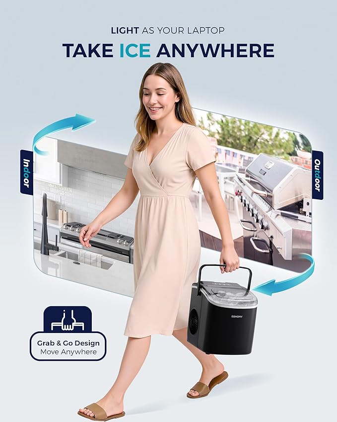 EUHOMY Countertop Ice Maker Machine with Handle, 26lbs in 24Hrs, 9 Ice Cubes Ready in 6 Mins, Auto-Cleaning Portable Ice Maker with Basket and Scoop, for Home/Kitchen/Camping/RV. (Black)-Ruum Studio Home