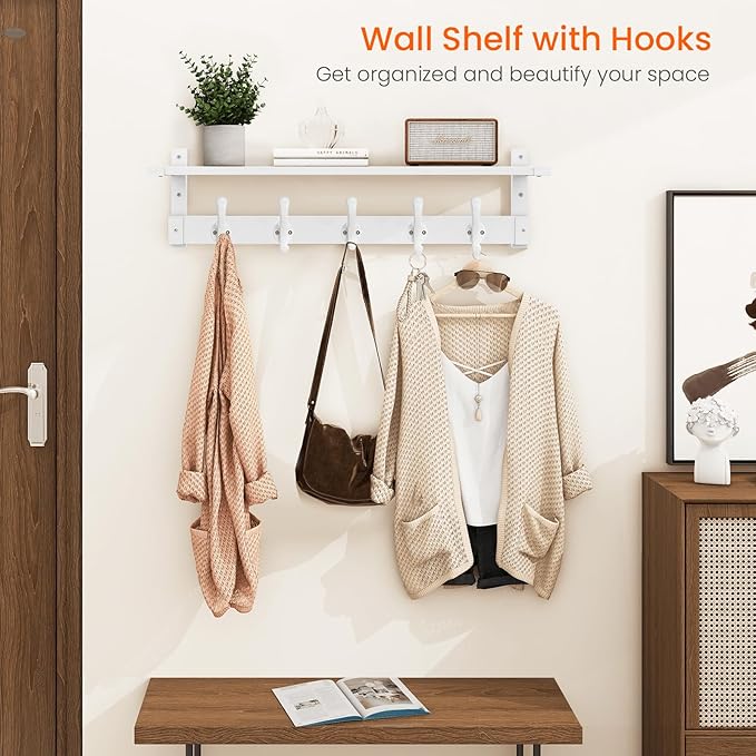 Homode Coat Rack With Wall Shelf, 29" Wooden Entryway Floating Shelf With Hooks Underneath, Hanging Coat Hanger for Bathroom, Living Room, Bedroom, Hallway, White-Ruum Studio Home