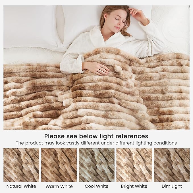 Cozy Bliss Faux Fur Throw Blanket for Couch, Cozy Warm Plush Striped Blanket for Sofa Bedroom Living Room, 60 * 80 Inches Tie-dye Kahki-Ruum Studio Home