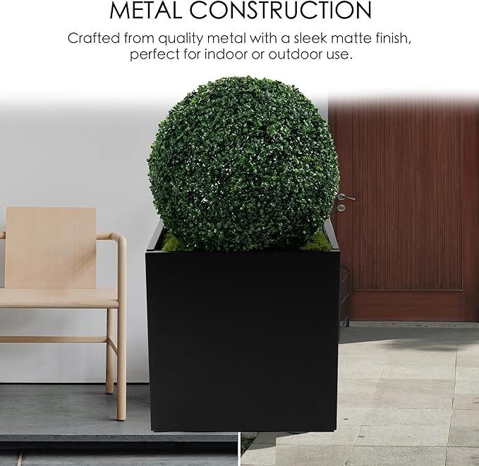 Kozyard 20'' Cube Metal Planter Steel Planter Box Black Steel Flower Pot with Saucer Partition Panel for Trees Plants Flowers Indoor Outdoor Garden Patio Deck Yard-Ruum Studio Home