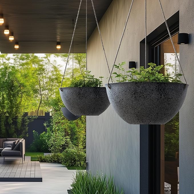 LA JOLIE MUSE Large Hanging Planters for Outdoor Plants - 13 Inch Hanging Flower Pots with Drainage Holes, Set of 2, Rock Grey-Ruum Studio Home