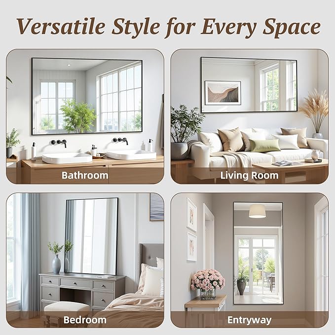 Bathroom Mirror 55" x 30", Large Rectangle Wall Mirror, Black Metal Frame Wall Mounted Mirrors for Bathroom, Vanity, Bedroom, Entryway Decor(Horizontal/Vertical)-Ruum Studio Home