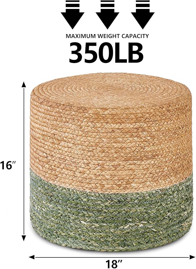 Wimarsbon 18'' Ottoman Pouf, Natural Braided Poof, Rustic Handweave Lounge Pouffe, Boho Footrest Stool for Bedroom, Accent Table for Living Room (Natural Water Hyacinth + Green Corn Husk)-Ruum Studio Home