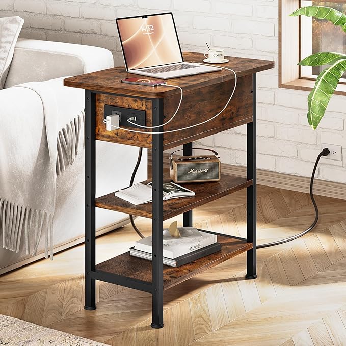 End Table with Charging Station, Flip Top Side Table with USB Ports and Outlets, 3-Tier Small Side Table with Storage for Small Space, End Tables for Living Room/Bedroom, Brown-Ruum Studio Home
