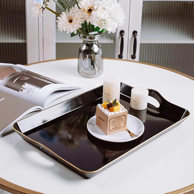 Spsyrine Large Black Serving Tray with Handles, Plastic Decorative Tray for Coffee Table, Ottoman, Bathroom, Home Decor 17.3"*11.8"*2"-Ruum Studio Home