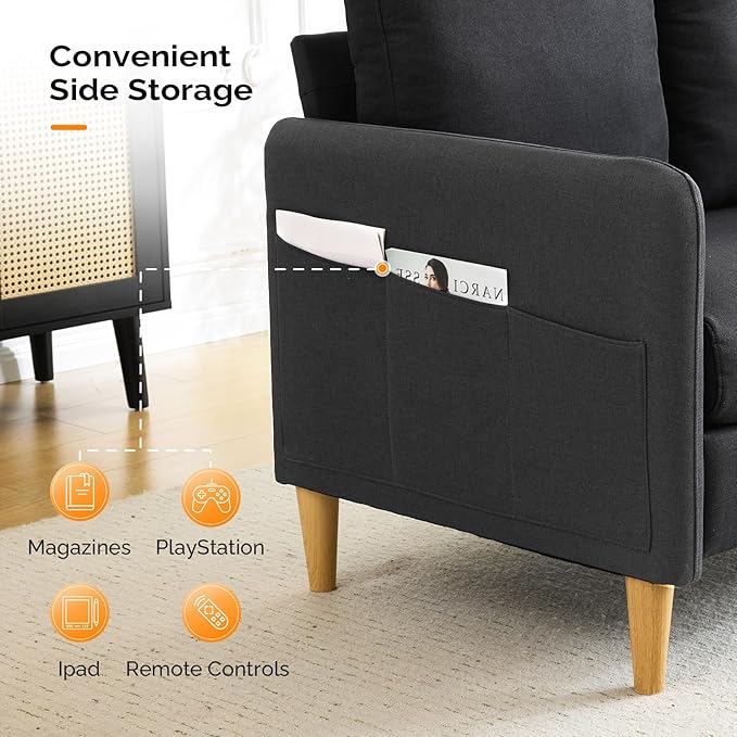 VINGLI 47" Small Couch, Linen Loveseat Sofa Black Mini Couch Mid Century Modern Decor Love Seat for Small Spaces Living Room, Bedroom, Play Room-Ruum Studio Home