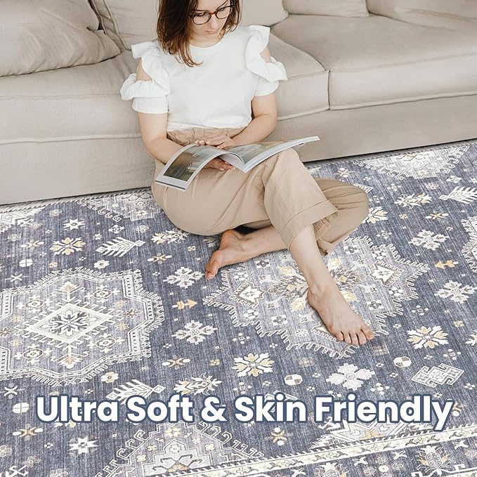 Washable Area Rugs for Living Room -8x10 Neutral Vintage Distressed Floral Farmhouse Boho Large Soft Floor Rug Indoor Non Slip Carpet for Living Room Bedroom Dining Room Office - Denim Blue/Grey-Ruum Studio Home