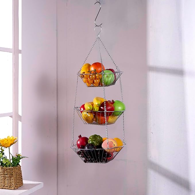 3-Tier Wire Fruit Hanging Basket 2 Packs, non-Punching Wall Hanging Storage, Kitchen Bathroom Organization Basket, Suitable for Bathroom, Kitchen, Closet, Garden, Chrome-Ruum Studio Home