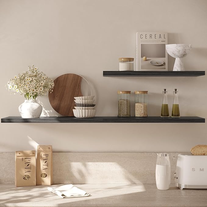 Wall Shelf Set of 2,Dark Wood Floating Shelves 24 in W x 10 in D x 1 in H, Wooden Floating Wall Shelf with Invisible Brackets for Living Room/Bedroom/Bathroom/Kitchen Storage and Decor-Ruum Studio Home