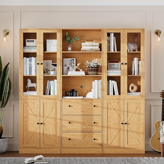 71" Tall Bookshelves Set of 3, 1 Bookcase with Drawers & 2 Bookshelves with Doors, Wooden Floor Standing Display Storage Shelves for Home Office, Living Room-Ruum Studio Home