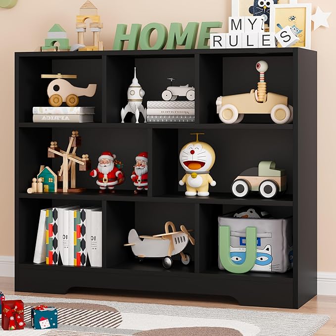 Book Shelf, 8 Cubes Storage Organizer, Freestanding Black Bookshelf Cube Shelf for Bedroom, Living Room, Home Office, 3-Tier Open Shelf Wooden Bookcase-Ruum Studio Home