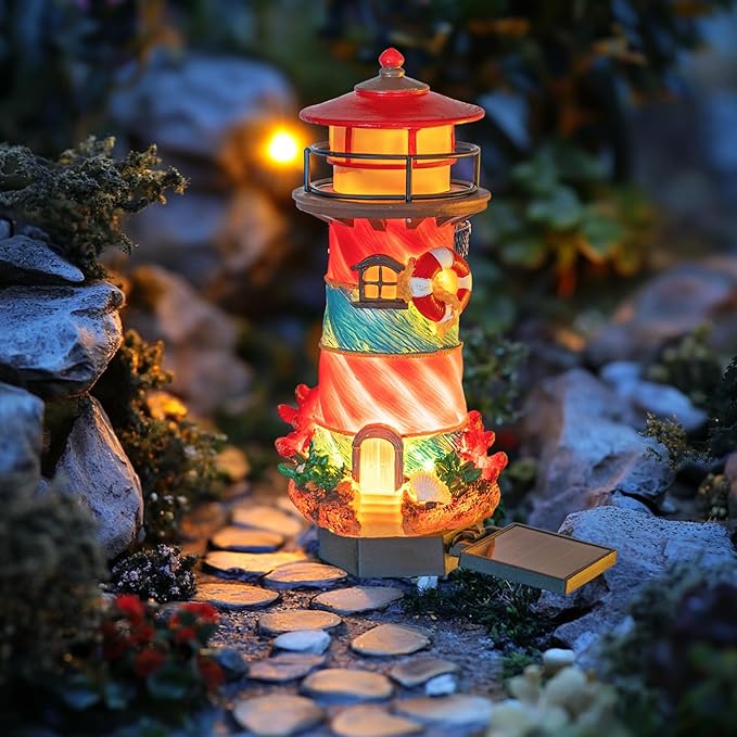 Dazzle Bright Miniature Lighthouse Pathway Decorative Lights, Solar Lights Outdoor Miniature Lighthouse Waterproof Garden Stake Light for Fairy Garden Pathway Lawn Yard Gifts Decoration-Ruum Studio Home