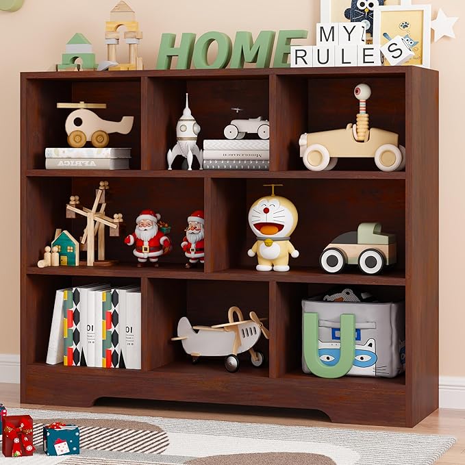 Book Shelf, 8 Cubes Storage Organizer, 3-Tier Open Shelf Wooden Bookcase, Freestanding Cherry Bookshelf Cube Shelf for Bedroom, Living Room-Ruum Studio Home