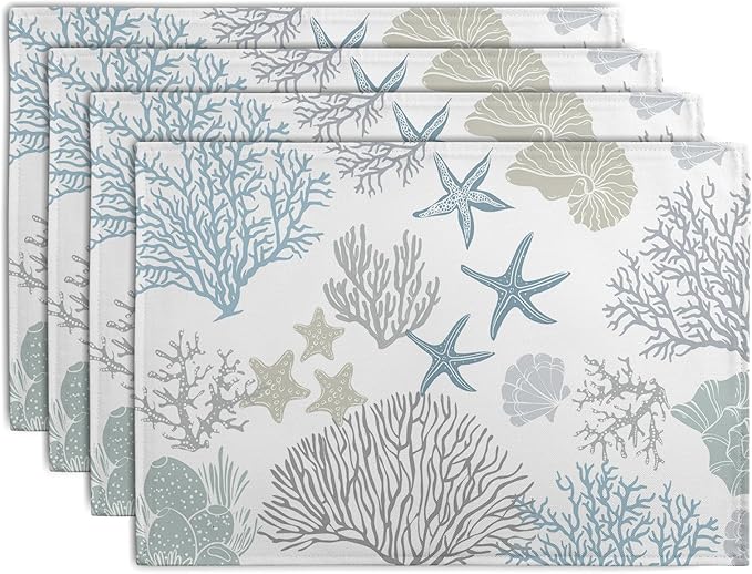 Summer Linen Placemats Set of 4 Nautical Coastal Theme Washable Non-Slip Heat Resistant Table Place Mat 12×18 Inch Ocean Beach Blue Grey Coral Starfish Place Mats for Kitchen Dining Table-Ruum Studio Home