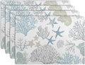Summer Linen Placemats Set of 4 Nautical Coastal Theme Washable Non-Slip Heat Resistant Table Place Mat 12×18 Inch Ocean Beach Blue Grey Coral Starfish Place Mats for Kitchen Dining Table-Ruum Studio Home