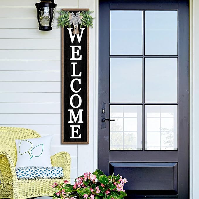 Surfapans Welcome Sign for Front porch Standing 45"X9"Large Wood Frame Outdoor Tall Welcome Signs Vertical Decor for Farmhouse Rustic Home Modern Outside Front Door Wall Decorations (Wood Black)-Ruum Studio Home