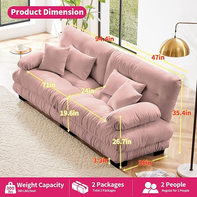 Loveseat Modular Sectional Sofa, Cloud Couch 2 Seater Sectional Couch Home Sofa Living Room Oversized Couch, Modern Deep Seat Couch with Chaise with Round Bolster Armrests 4 Pillows(Pink)-Ruum Studio Home