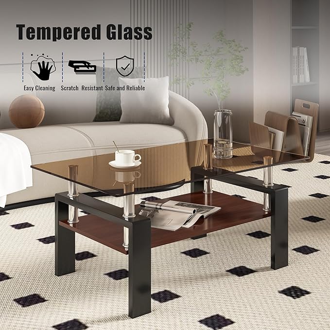 39" Brown Glass Coffee Table Walnut Modern Living Room Center Table Rectangle, with Wooden MDF Storage Layer, Black Metal Leg, for Small Apartment and Office, Brown-Ruum Studio Home