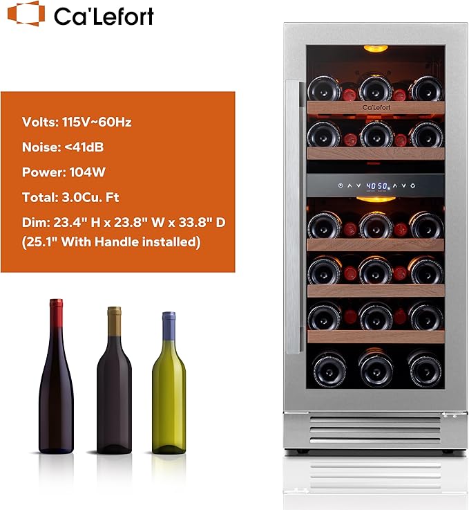 Ca'Lefort 15 Inch Wine Fridge, 28 Bottle Wine Cooler Refrigerator, 40-65°F Wine Refrigerator Glass Door, 3 LED Dual Zone Wine Fridge, Built-in or Freestanding Fridge for Home/Bar/Kitchen (3.0 cu.ft)-Ruum Studio Home