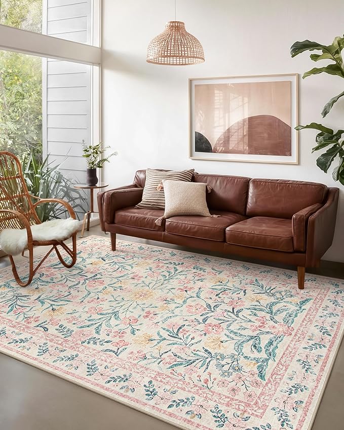 Wonnitar Machine Washable 5x7 Nursery Rug, Pink Rugs for Bedroom Girls, Boho Soft Floral Carpet Non Slip, Indoor Ultra-Thin Floor Carpet for Kid Room Living Room Dorm-Ruum Studio Home