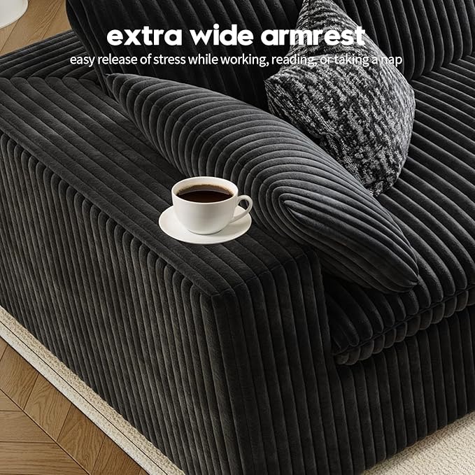 118" Cloud Couch Modular Sectional Sofa for Living Room,Modern Sofa with Deep Seat，3 Seater Boneless Couch,Comfy Upholstered Corduroy Couches for Apartment, Studio, Office,Bedroom，Black-Ruum Studio Home