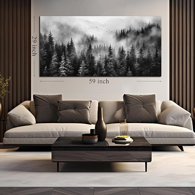 Large Pictures for Living Room Foggy Forest Canvas Wall Art for Bedroom Black Home Office Wall Decor 29 x 59 Inch-Ruum Studio Home