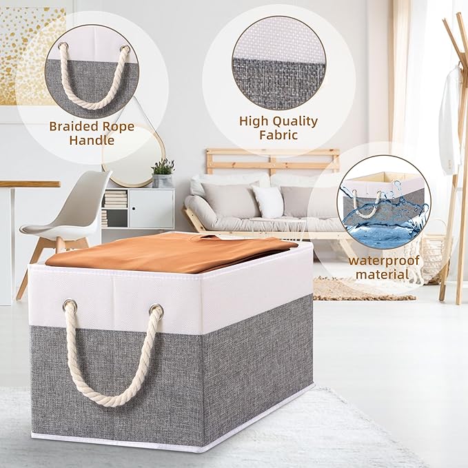 Yawinhe Foldable Storage Baskets for Shelves, Fabric Storage Cubes with Rope Handle, Closet Organizers for Clothes, 3-Pack, 14.96''Lx9.84''Wx8.26''H, White/Grey-Ruum Studio Home