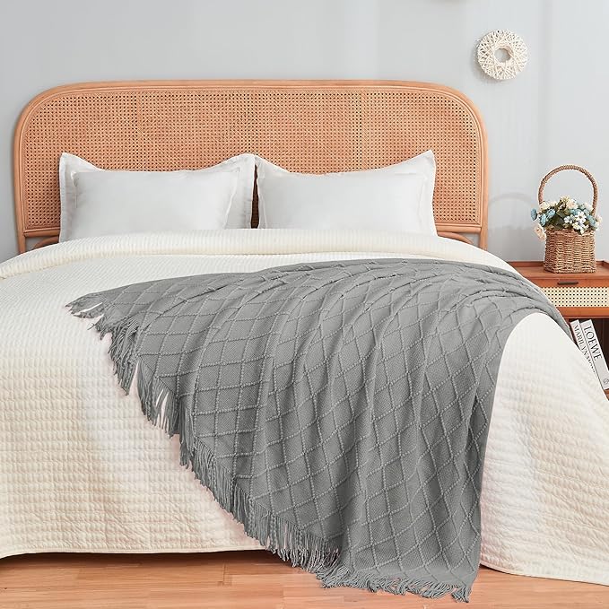 inhand Knitted Throw Blankets for Couch and Bed, Soft Cozy Knit Blanket with Tassel, Light Grey Lightweight Decorative Blankets and Throws, Farmhouse Warm Woven Blanket for Men and Women, 50"x60"-Ruum Studio Home