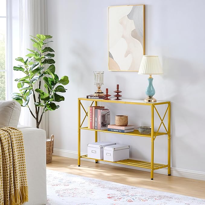 Hoctieon Gold Console Table, 3 Tier Entryway Table, Hallway Table, Narrow Sofa Table with Shelves, Entrance Table for Entryway, Gold and White-Ruum Studio Home