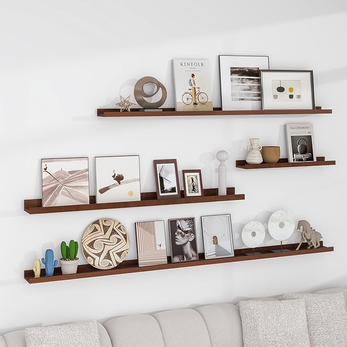 Solid Ash Wood Floating Shelves, Wood Picture Ledge Shelf Set of 2, 48 Inch Long Large Photo Ledge Shelves, Nursery Book Shelves Wall Mounted for Living Room Kids' Bedroom Decor, Color Walnut-Ruum Studio Home