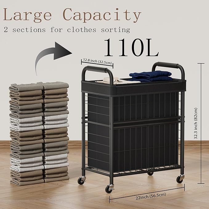 Laundry Hamper 2 Section, 110L Rolling Laundry Sorter Basket with Wheels, 2 Compartment Clothes Organizer Cart, Pull-Out Removable Bags for Laundry Room, Bathroom, Bedroom, Black-Ruum Studio Home