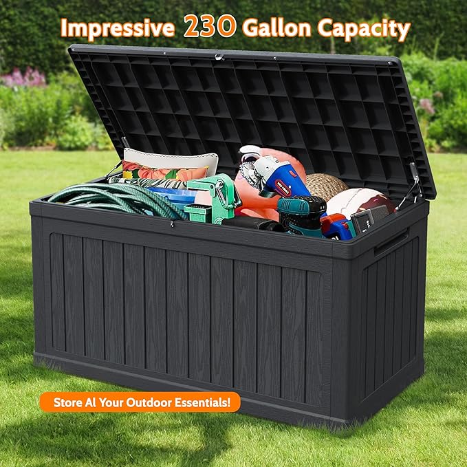 260 Gallon Double-Wall Resin Deck Box - Lockable Waterproof Outdoor Storage Box, 1000lbs Capacity & Doubles as Seating for Patio Furniture - Garden Tools, Pool Accessories (Black)-Ruum Studio Home