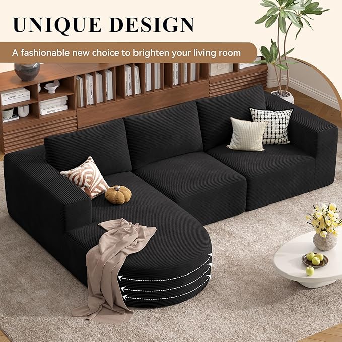 Modular Sectional Sofa with L-Shape Chaise,Cloud Sectional Modern Sleeper Couch with Deep Seat,Sponge Compression Sofas No Assembly Required (Black-Corduroy Fabric) 1PCS-Ruum Studio Home