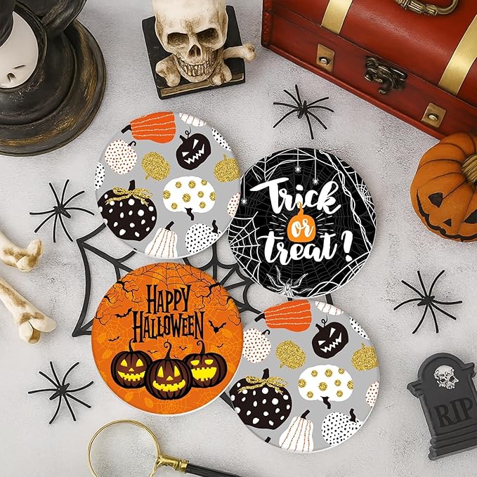 Coaster for Drinks Set of 6, Happy Halloween Trick or Treat Pumpkin Absorbent Round Ceramic Stone Mat, with Cork Base and Metal Holder, Gift for Housewarming Room Bar Decor-Ruum Studio Home